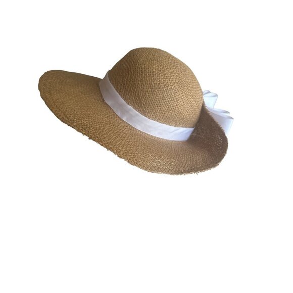 Woven Natural Fiber Hat Ivory Ribbon Detail One Size - Picture 1 of 4